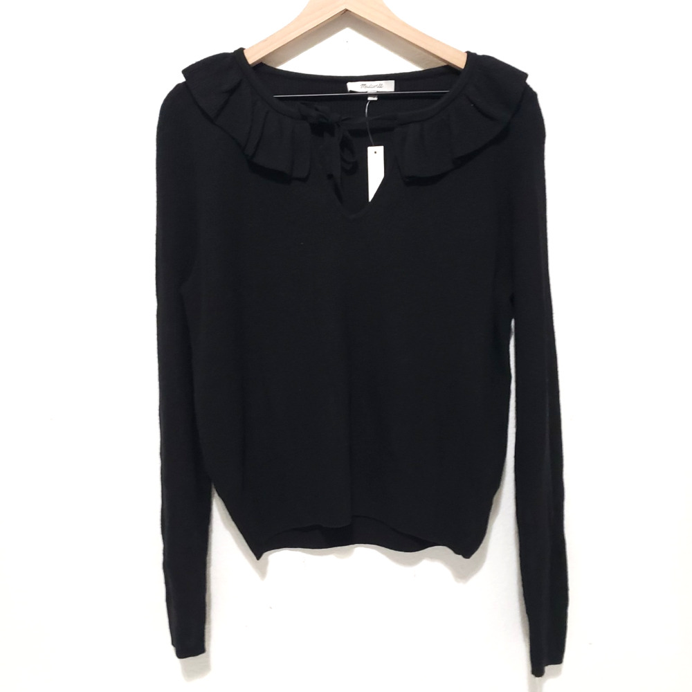 NEW!! Madewell SIZE M Black Ruffle Tie Neck Long Sleeve Sweater Peasant Top MA70